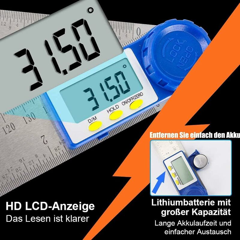 Rapporteur d'Angle Numerique,Règle d'Angle Inoxydable pour Menuisier et Fausse Equerre ,Plage de Mesure 360°,Règle en Acier pour Travaux de Bois - 3