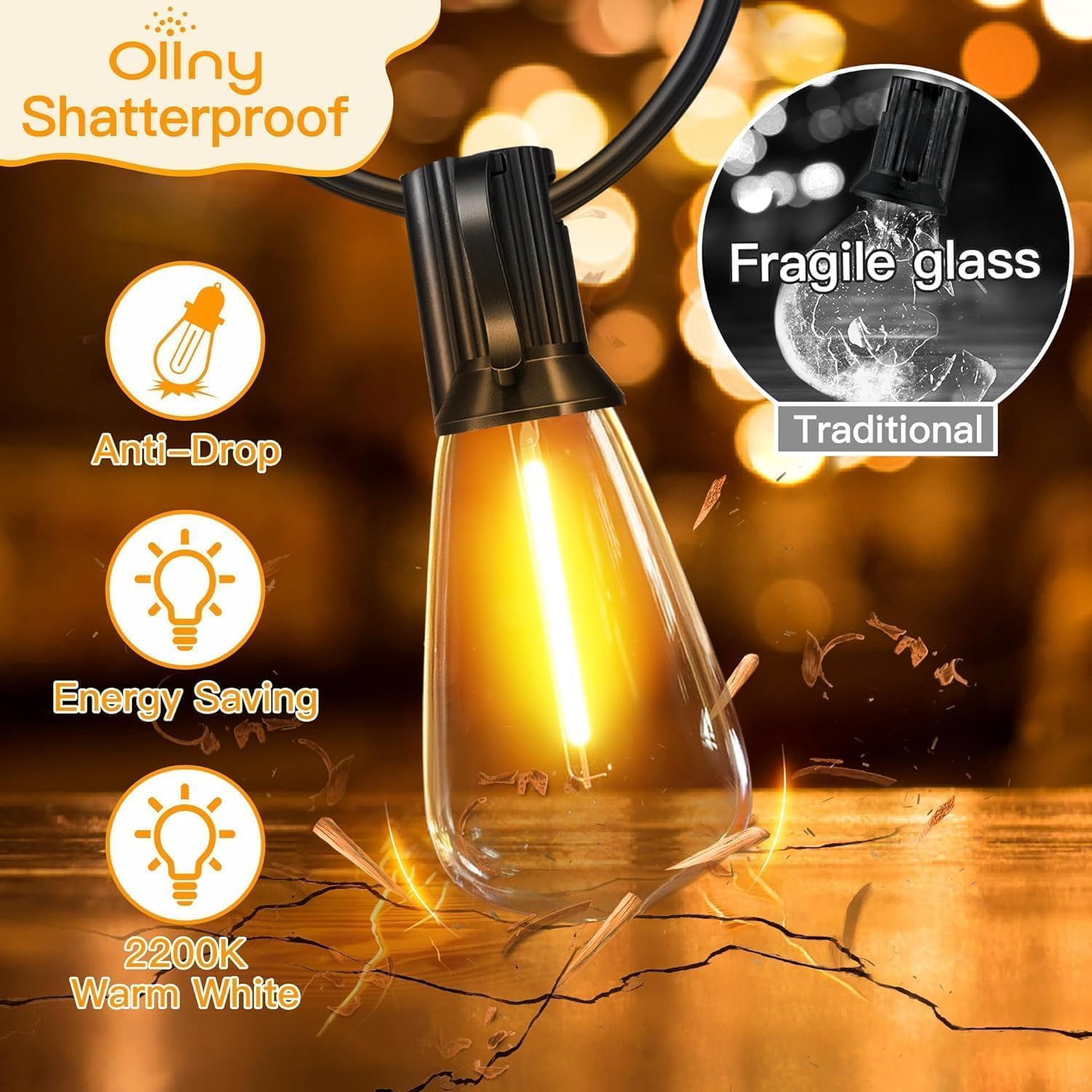 Guirlande lumineuse d'extérieur 7,5 m, LED, alimentée par secteur, avec prise/13+1 ampoules de rechange/crochet, éclairage blanc chaud brillant - 2