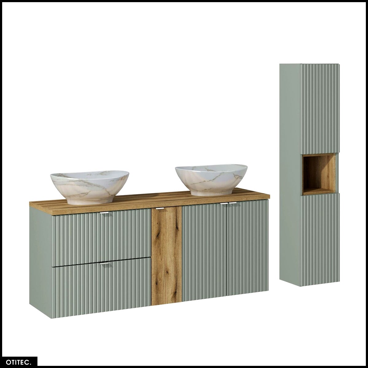 Conjunto de muebles bajo lavabo - 140 cm - con encimera - 2 lavabos - columna - cubo - roseau