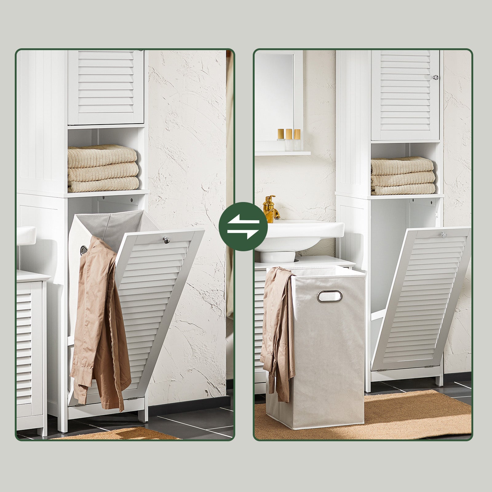 SoBuy Columna de Baño, Armario Alto con 1 Puerta de Persianas, 1 Cajón y 1 Cesto para Ropa Extraíble, Blanco, BZR124-W - 9