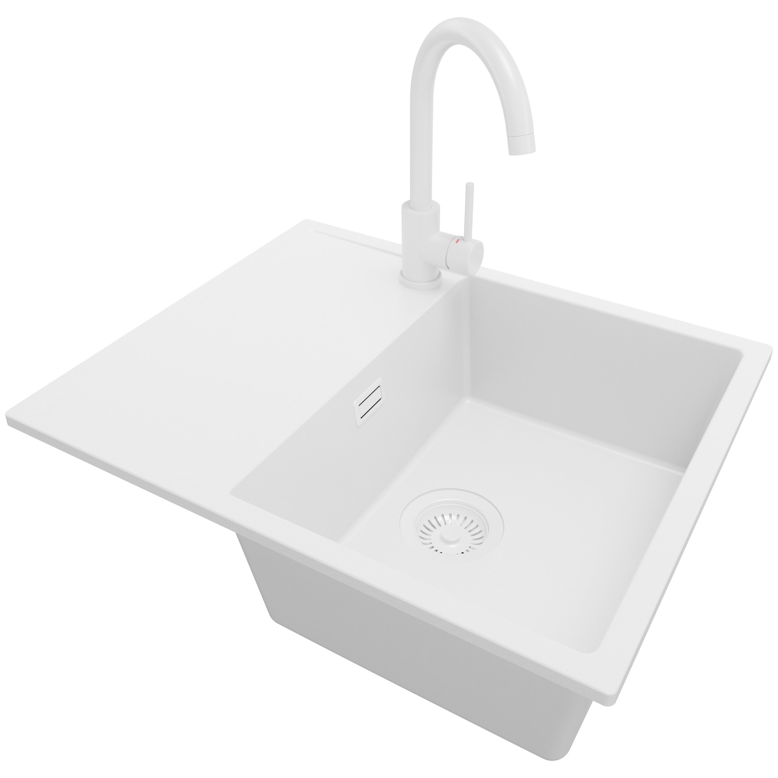 Zlewozmywak Granitowy Cały Biały 62x50cm, Zlew Kuchenny 1 Komorowy + Bateria 32x20cm + Syfon, Nablatowy do szafki od 45cm - Ibiza PRIMAGRAN