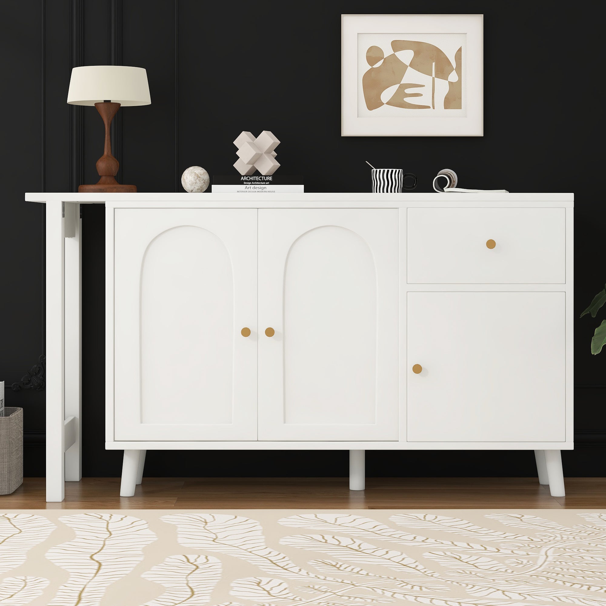 Bureau d'angle pivotant avec 3 portes et 1 tiroir, coiffeuse - 120 x 40 x 74.5 cm - Panneau de particules - Blanc - 3