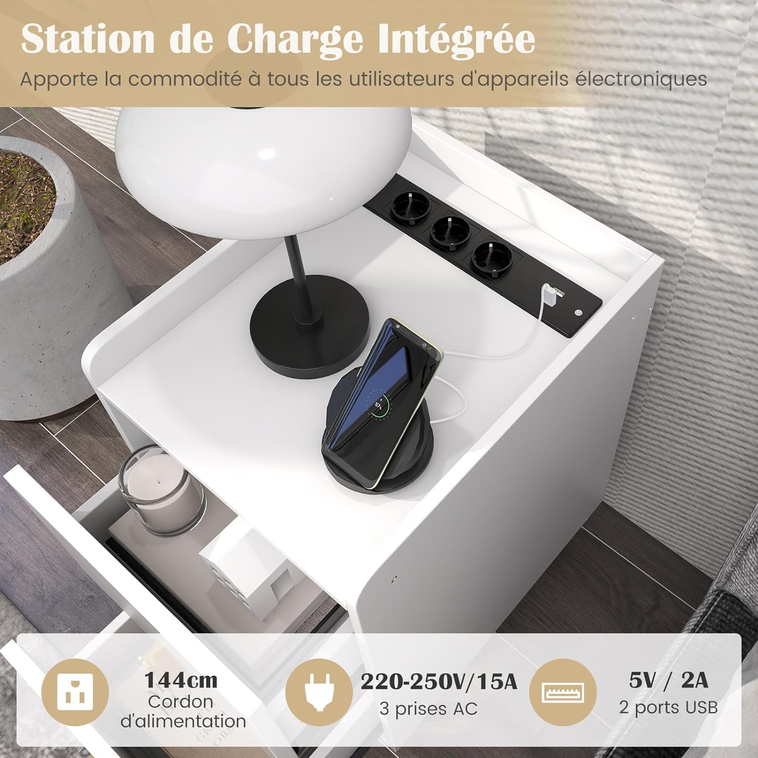 Table de Chevet avec Prise,2 Tiroirs Coulissants, 1 Passe-câble, 2 Ports USB & 3 Prises, Bords Surélevés, 40 x 32 x 60 cm(Blanc) - 2