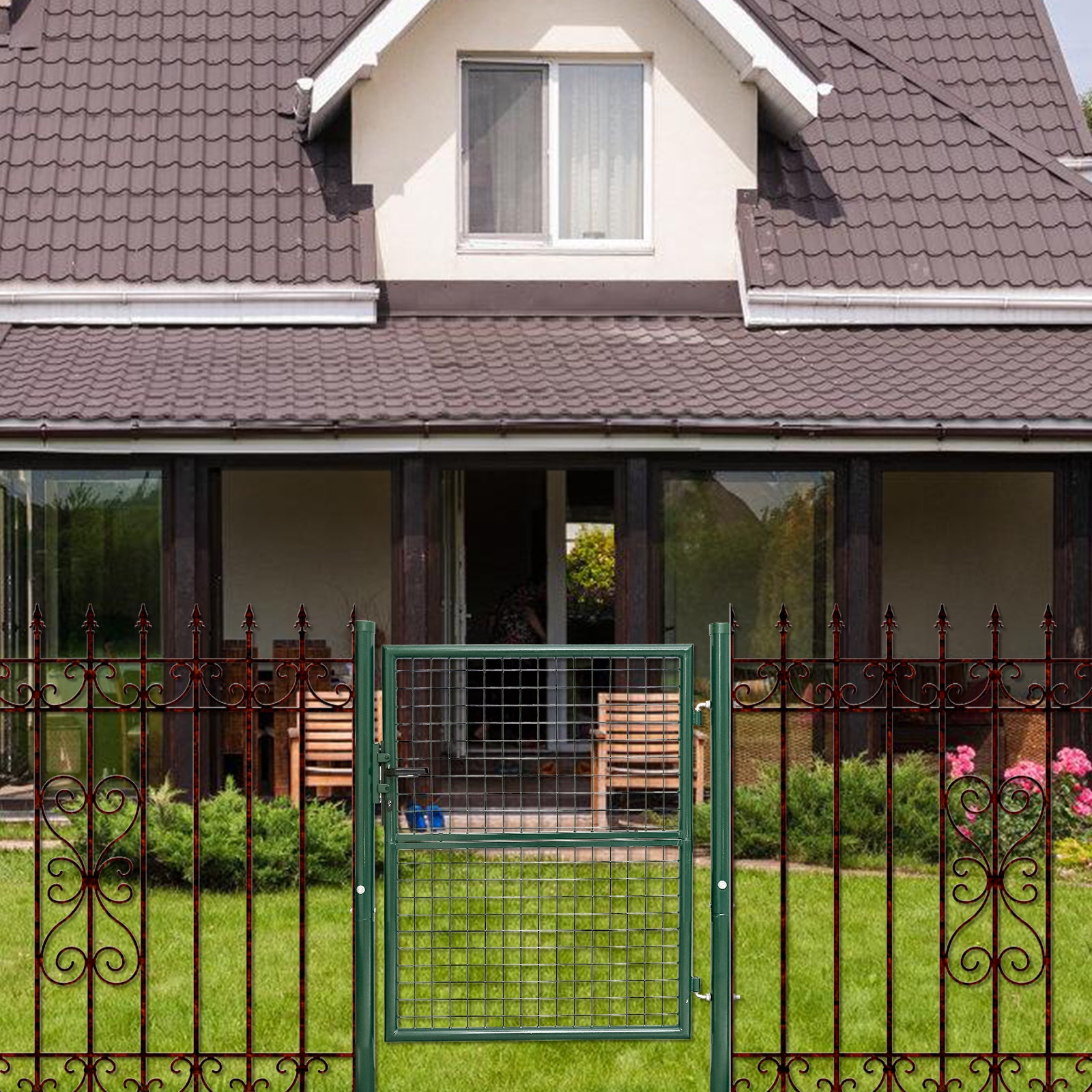 Portillon de jardin - En acier galvanisé - Portail de jardin - Porte de clôture - Avec serrure, poignée et clé 150 x 100cm, Vert - 7
