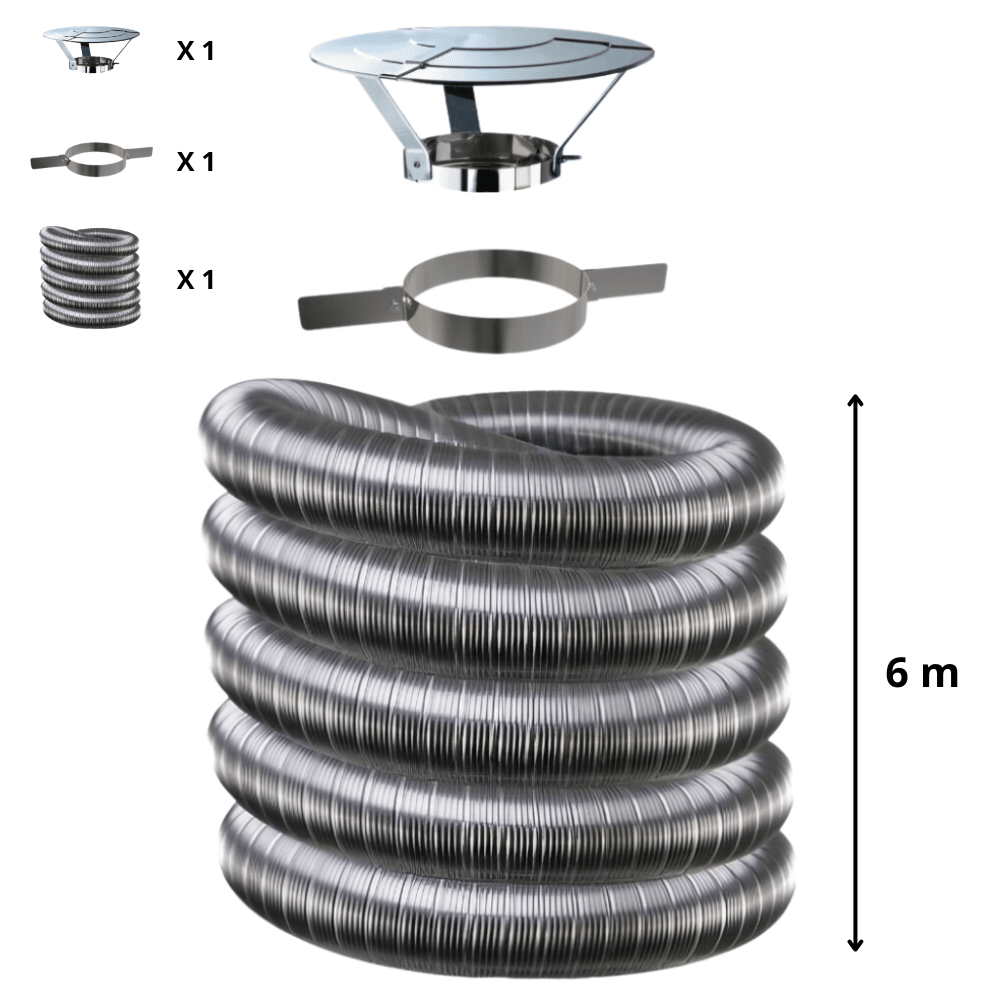 Kit tubage flexible double peau inox diamètre 150 + collier + chapeau Edilinox - Longueur 6 mètres - 3