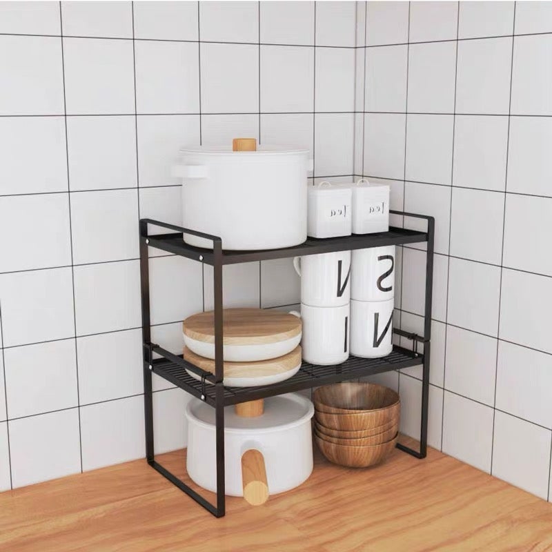 Kompaktowa dwupoziomowa półka kuchenna, wykonana ze stali węglowej, w kolorze czarnym, mocna i trwała, idealna 32x21x36,8 cm