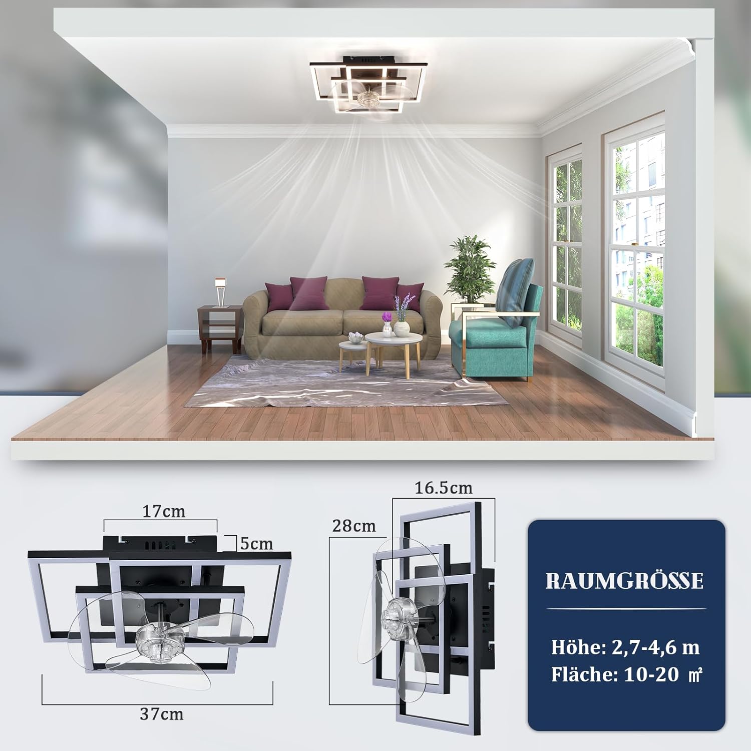 NETTLIFE Ventilateur de Plafond LED Noir Silencieux, CCT 3000-6500K Dimmable, 6 Vitesses, Télécommande & Minuterie, Moderne pour Salon Chambre - 4