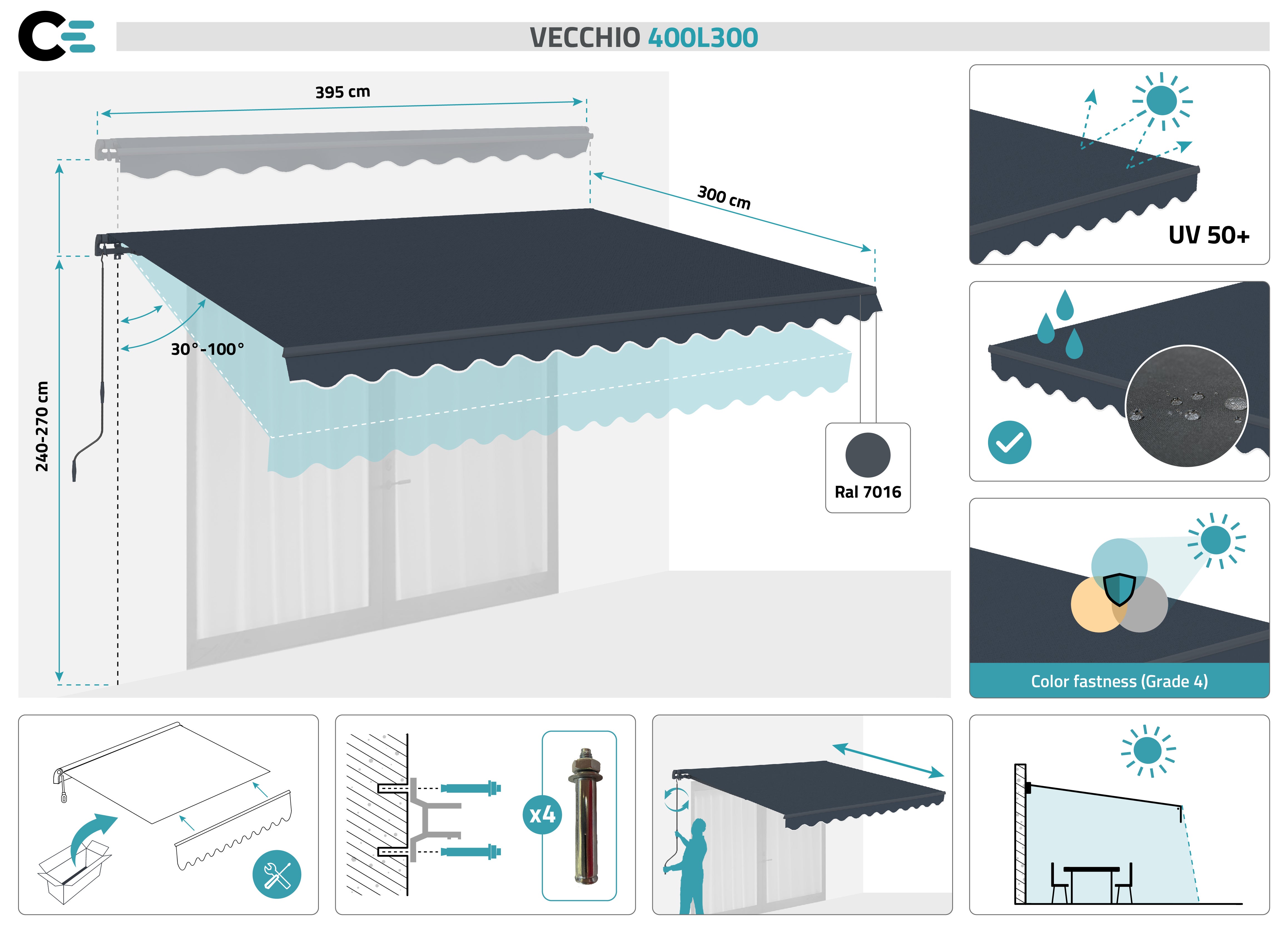 Store banne monobloc VECCHIO 4m x 3m - Toile premium 320g/m2 Gris - 2