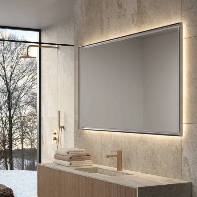 Espelho casa de banho LED California 100x80 cm retangular com 3 temperaturas de luz retroiluminado anti-embaciamento acabamento ouro escovado