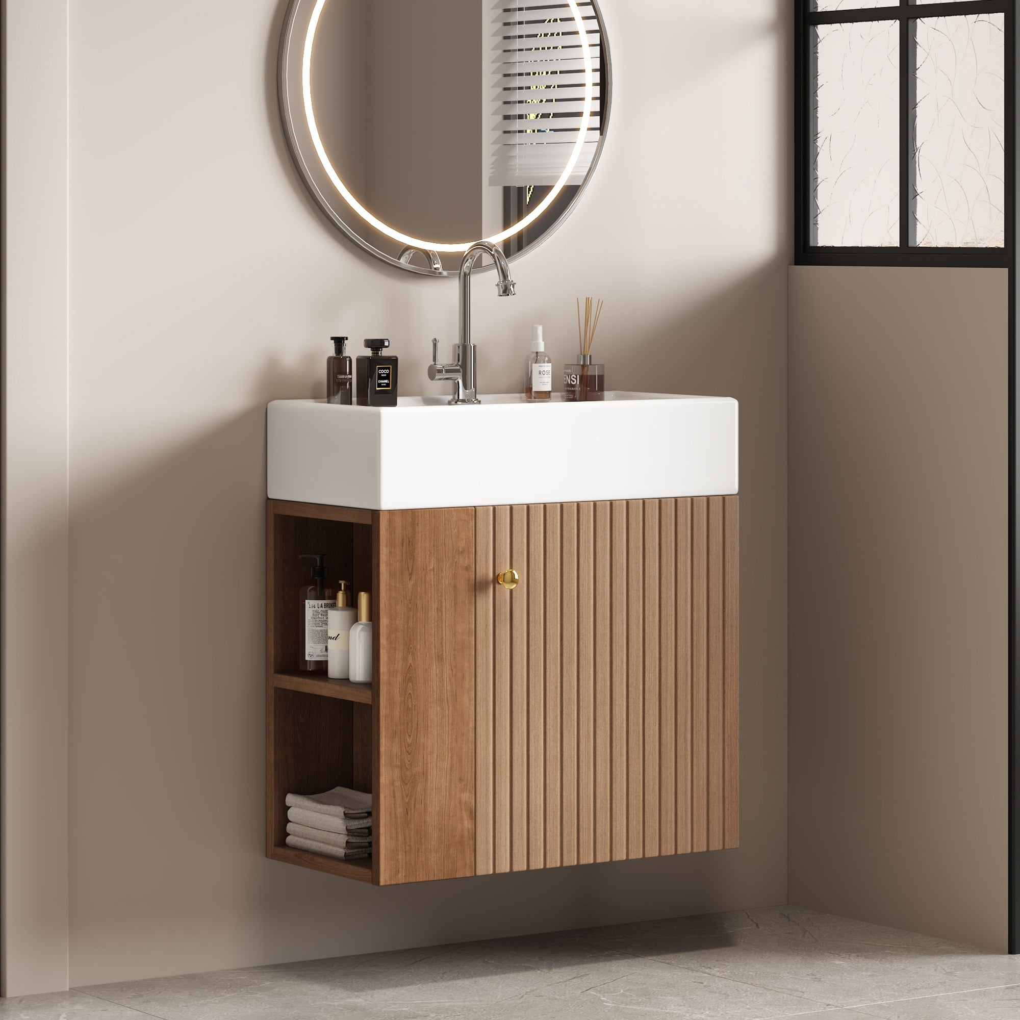 Mobile bagno sospeso con lavabo singolo, base con lavabo in ceramica - 55 x 31 x 66,5 cm - MDF - Marrone - 8