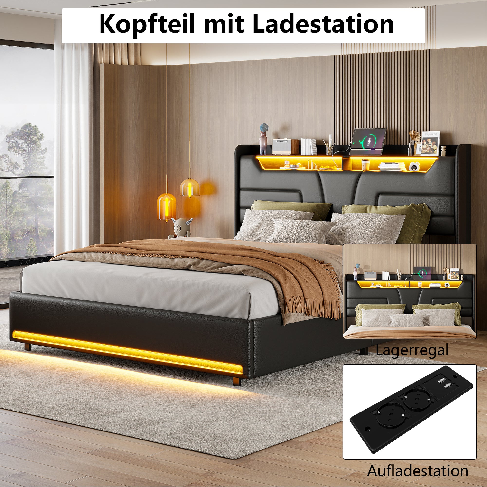 Lit 160x200cm - lit coffre 160 LED avec sommier et tête de lit avec étagères, port charge - Pu - Noir - 5