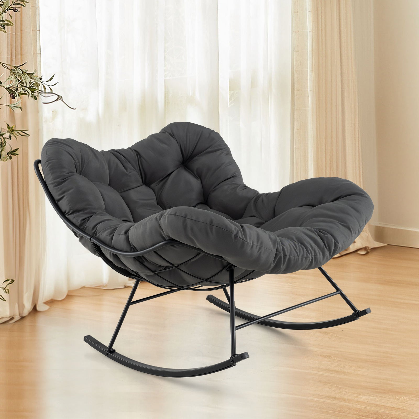 Fauteuil à Bascule Intérieur et Extérieur, Chaise Papasan Forme oeuf Surdimensionnée avec Coussin Rembourré, Charge 205KG, Noir Anthracite - 2