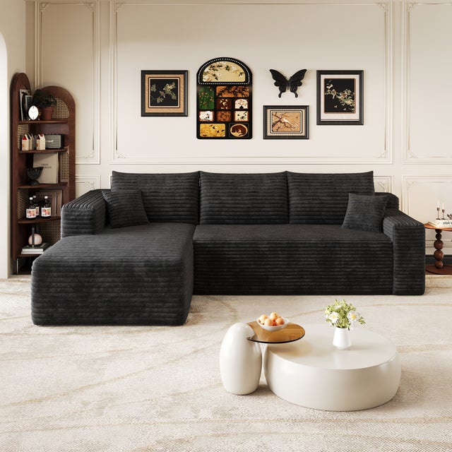 Canapé Modulaire compresse 241x151x58cm avec coussin, Canapé d'Angle Côté gauche Velours Côtelé avec méridienne, Assise Profonde,Canapé 3 Places Noir