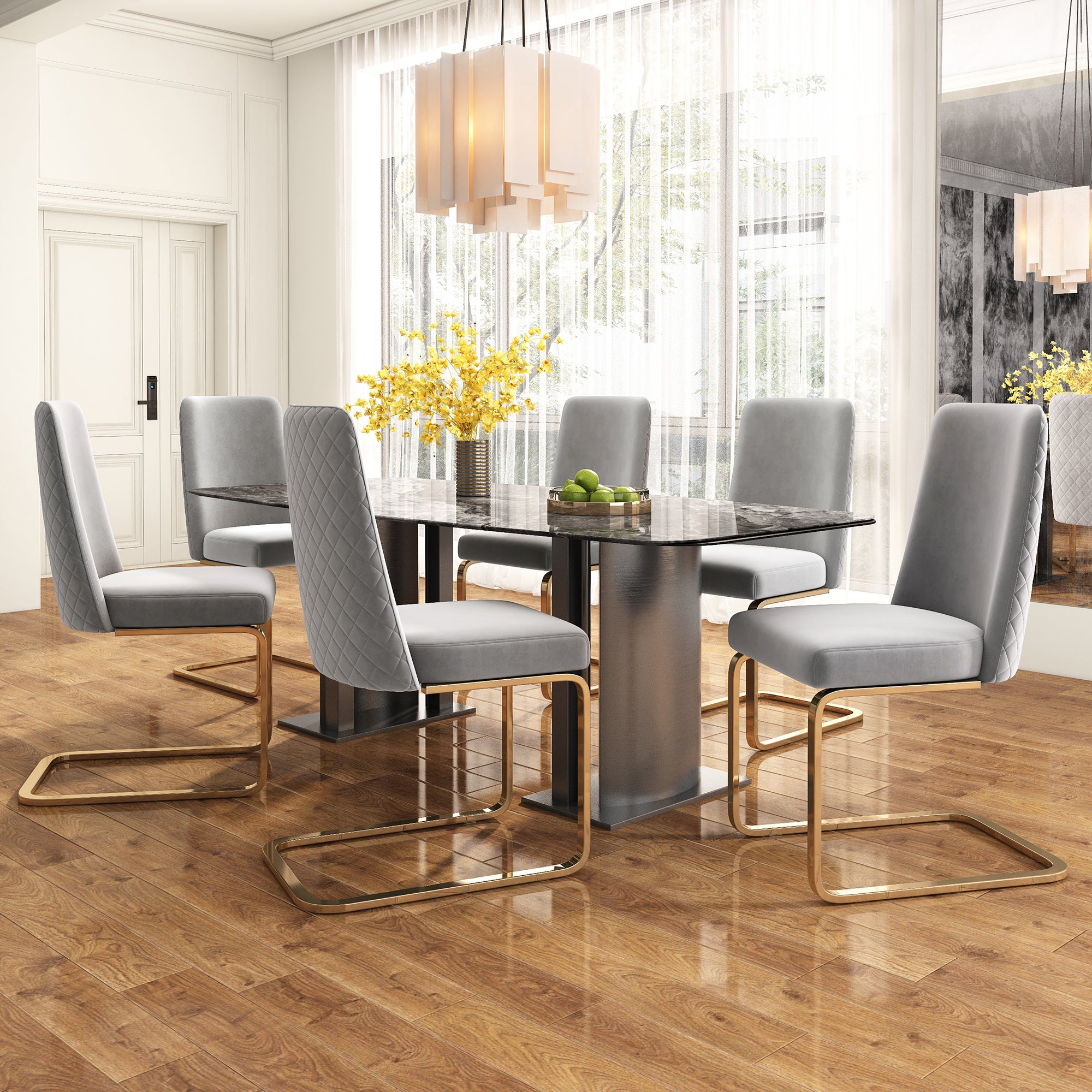 Zestaw 6 krzeseł do jadalni z wysięgnikiem bez podłokietników - 45 x 52 x 88 cm - Aksamitne i złote metalowe nogi - Szary