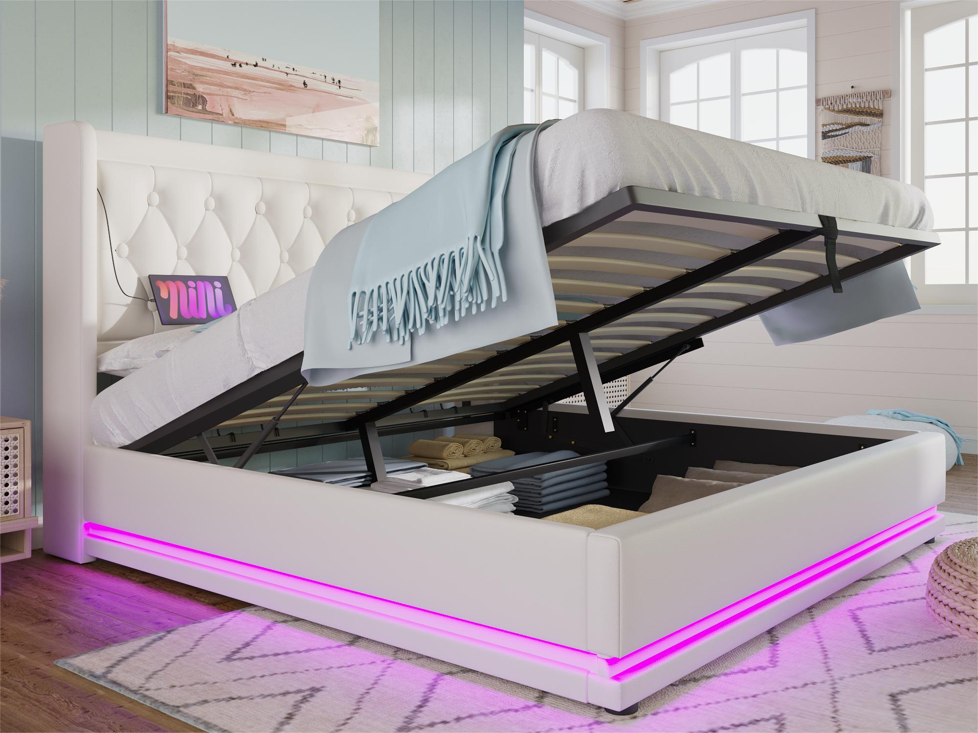 Tapicerowane łóżko skrzyniowe 160 x 200 cm z imitacji skóry - z funkcją ładowania i diodą LED na podnóżku - Biały