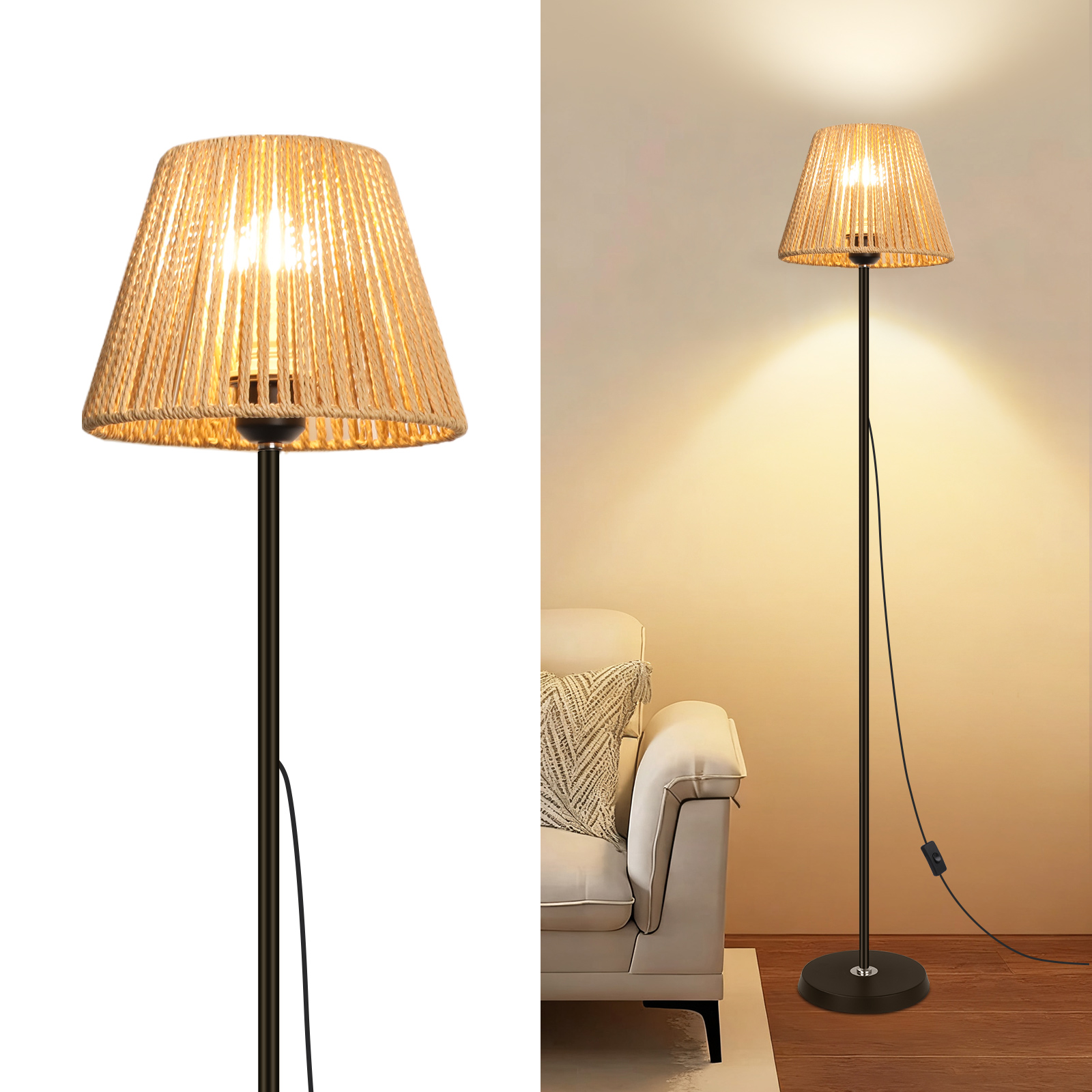 LOVHAUS Zestaw 2 szt. Lampa Podłogowa Z Abażurem Z Plecionego Rotangu Z Włącznikiem/Wyłącznikiem - 22 x 170CM - 3