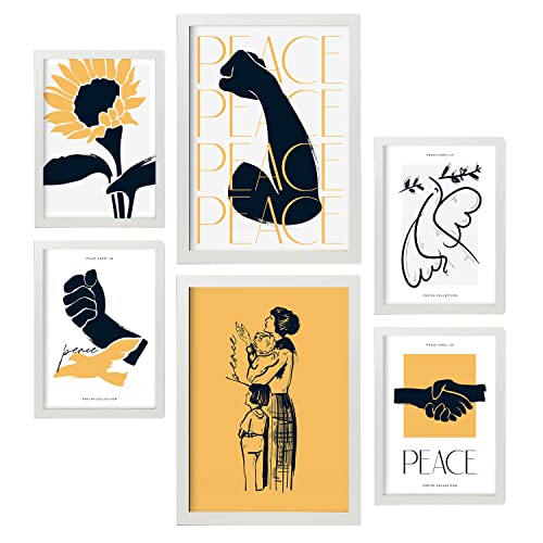 Set de 6 posters en tinta negra paz y fuerza láminas artísticas del mar y océano para el diseño de interiores tamaños a3 & a4 marcos blancos