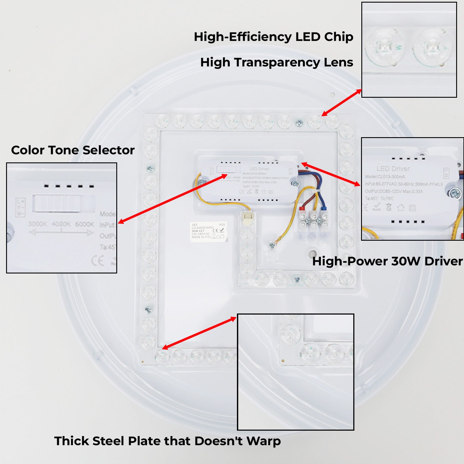 Plafón LED de Techo 30W Ø38cm CCT 3000K-6000K, Blanco/Efecto Madera Modelo 