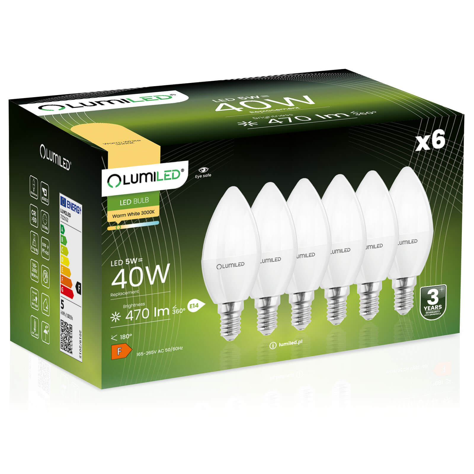 6x Żarówka Lumiled LED E14 Świeczka B35 5W = 40W 470lm 3000K Ciepła 180st