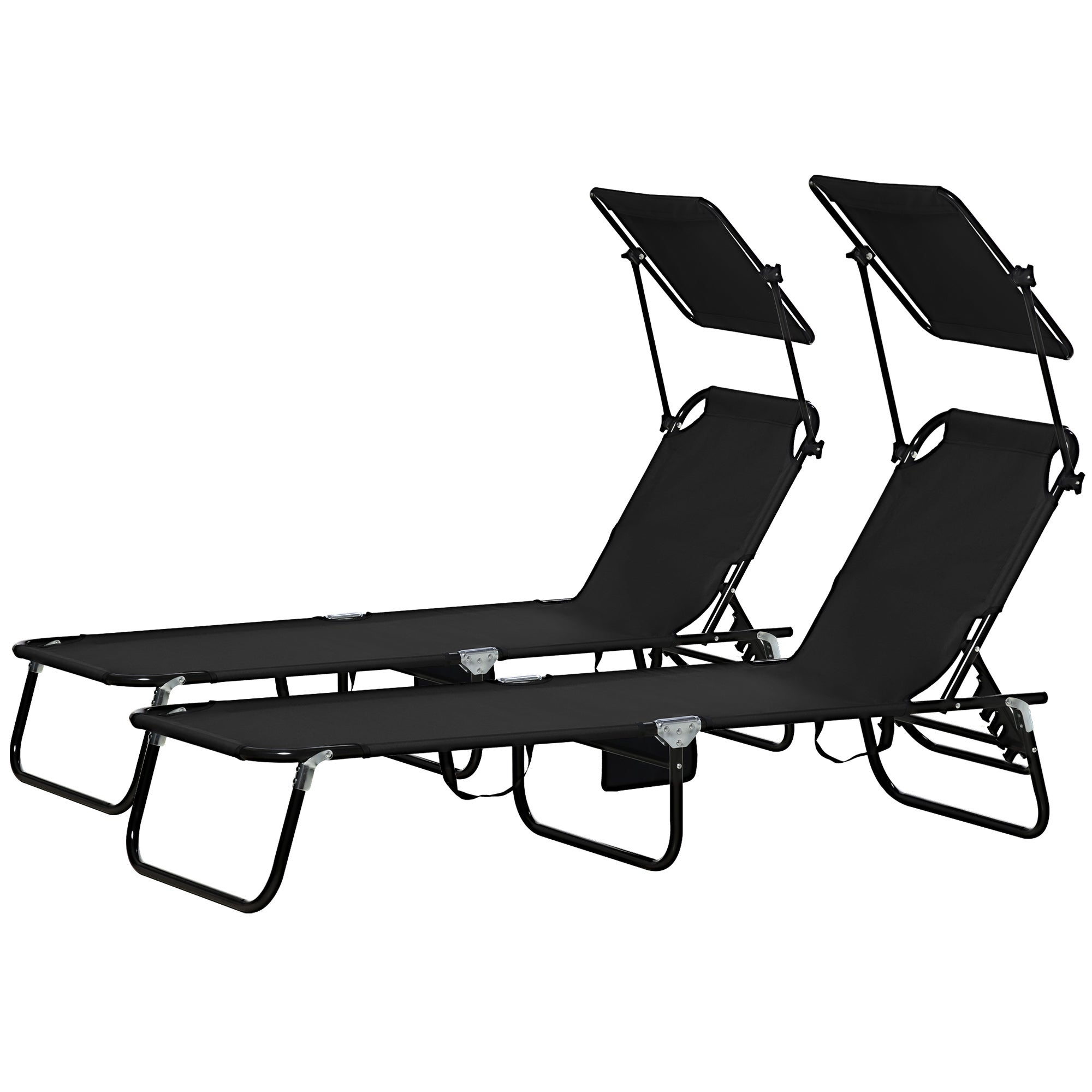 Ensemble de 2 chaises longues pliantes, chaises longues de jardin avec pare-soleil, dossier réglable en hauteur sur 5 positions, noires - 2