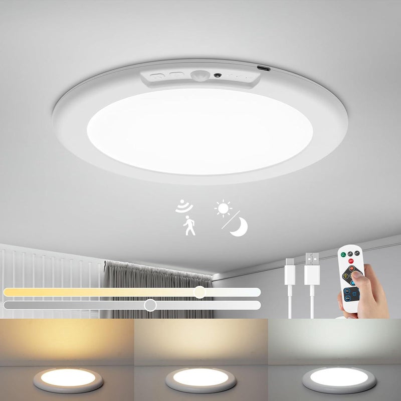 Sufitowe światło LED z czujnikiem ruchu, akumulator 6000 mAh, bezprzewodowe, z pilotem, Ø19 cm, okrągłe, lampa sufitowa 3000K-6500K, ściemniana