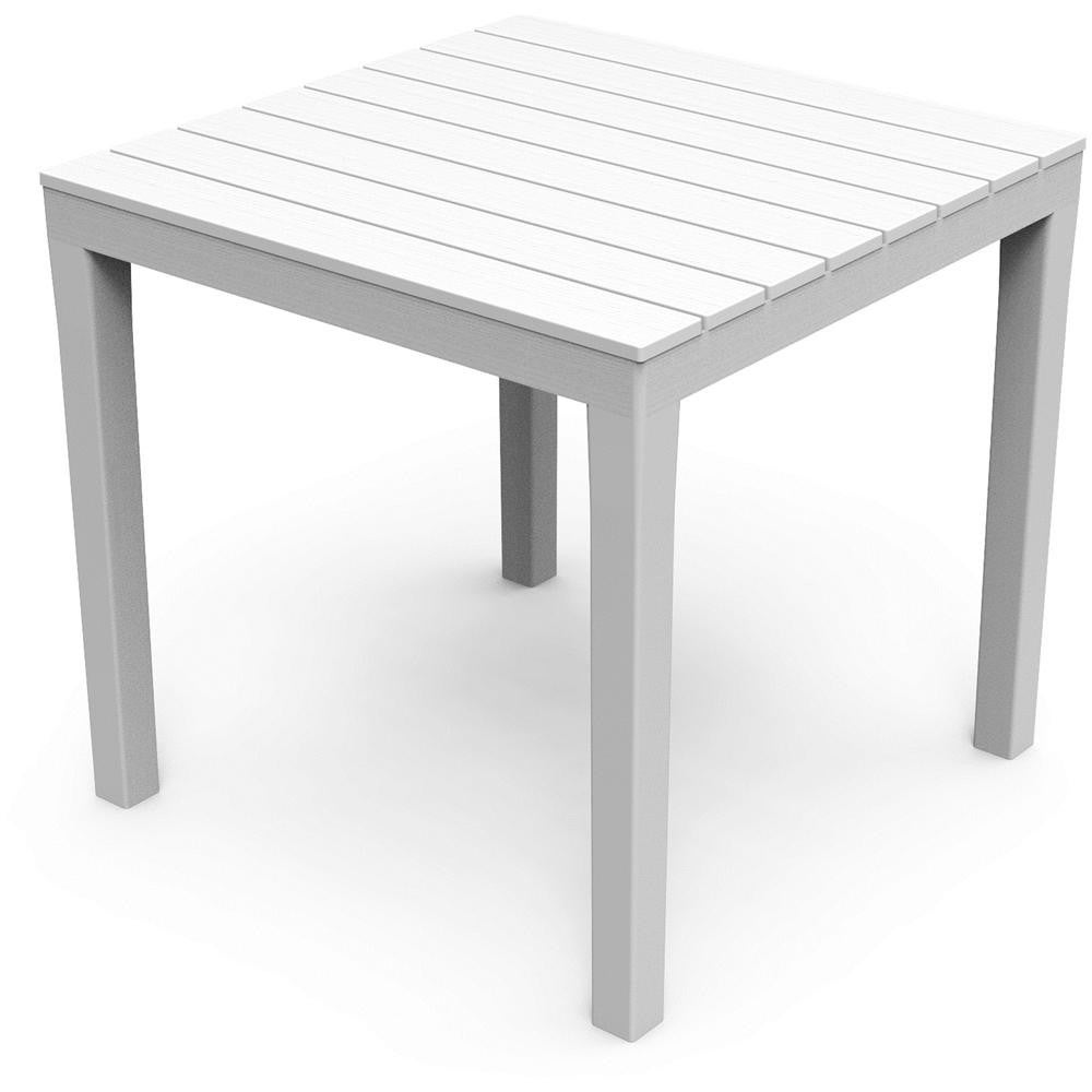 Table de jardin d'extérieur carrée en résine effet lattes en bois de Bali blanc - 8