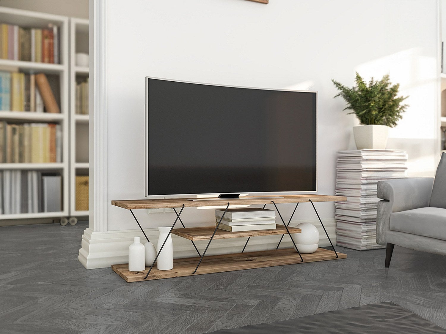 Meuble TV montants ultra fins trois tablettes Filumis 120cm Bois clair et Métal Noir - 6