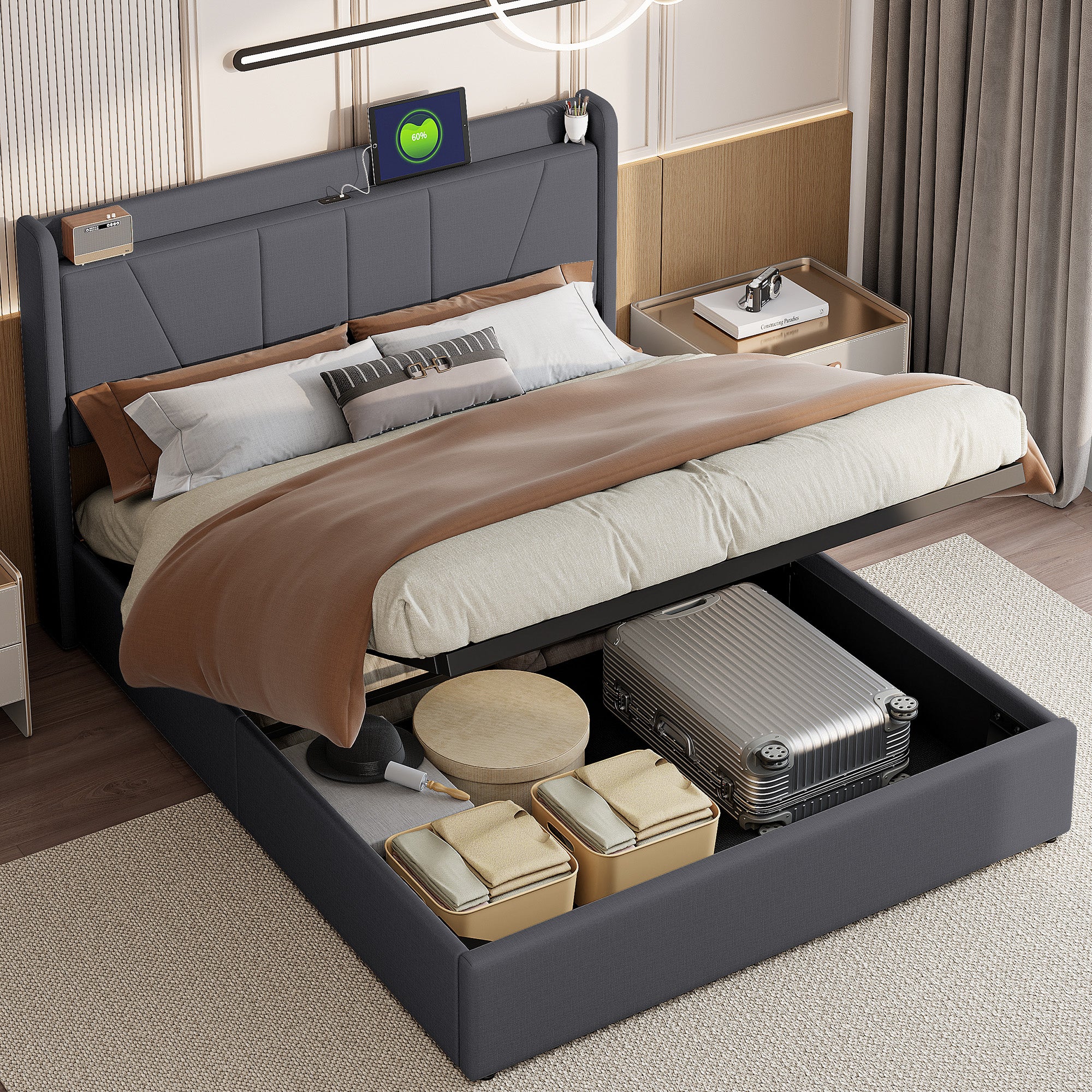 Lit Coffre 160x200 avec USB et Type C, Lit capitonné avec Sommier à Lattes, Lit Double, Gris - 2