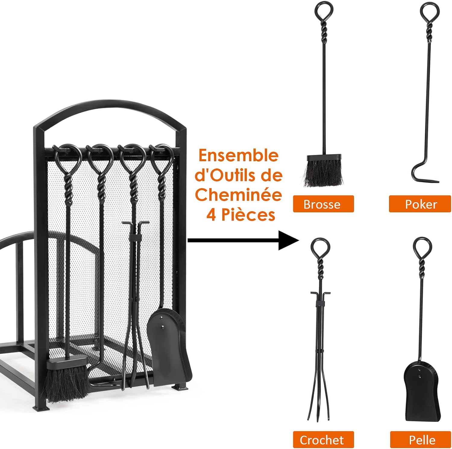 Range Buches Cheminée en Métal, Base Surélevée et Pieds Réglables, Porte-Bûches avec Motifs d’Élan, 46X34X45 CM - 8