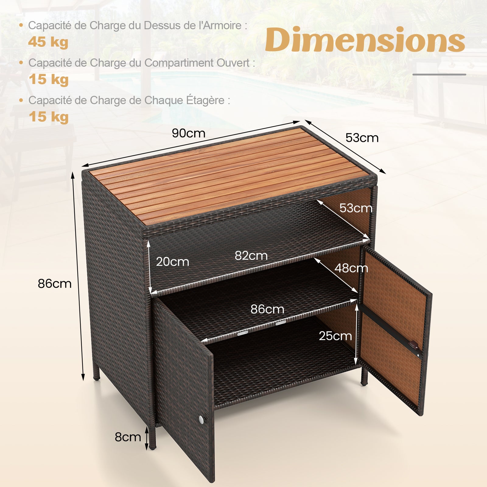 Armoire de Rangement Exterieur en Rotin, Armoire de Jardin avec Plateau en Bois d'Acacia Compartiment Ouvert Buffet à 2 Portes, Marron - 2