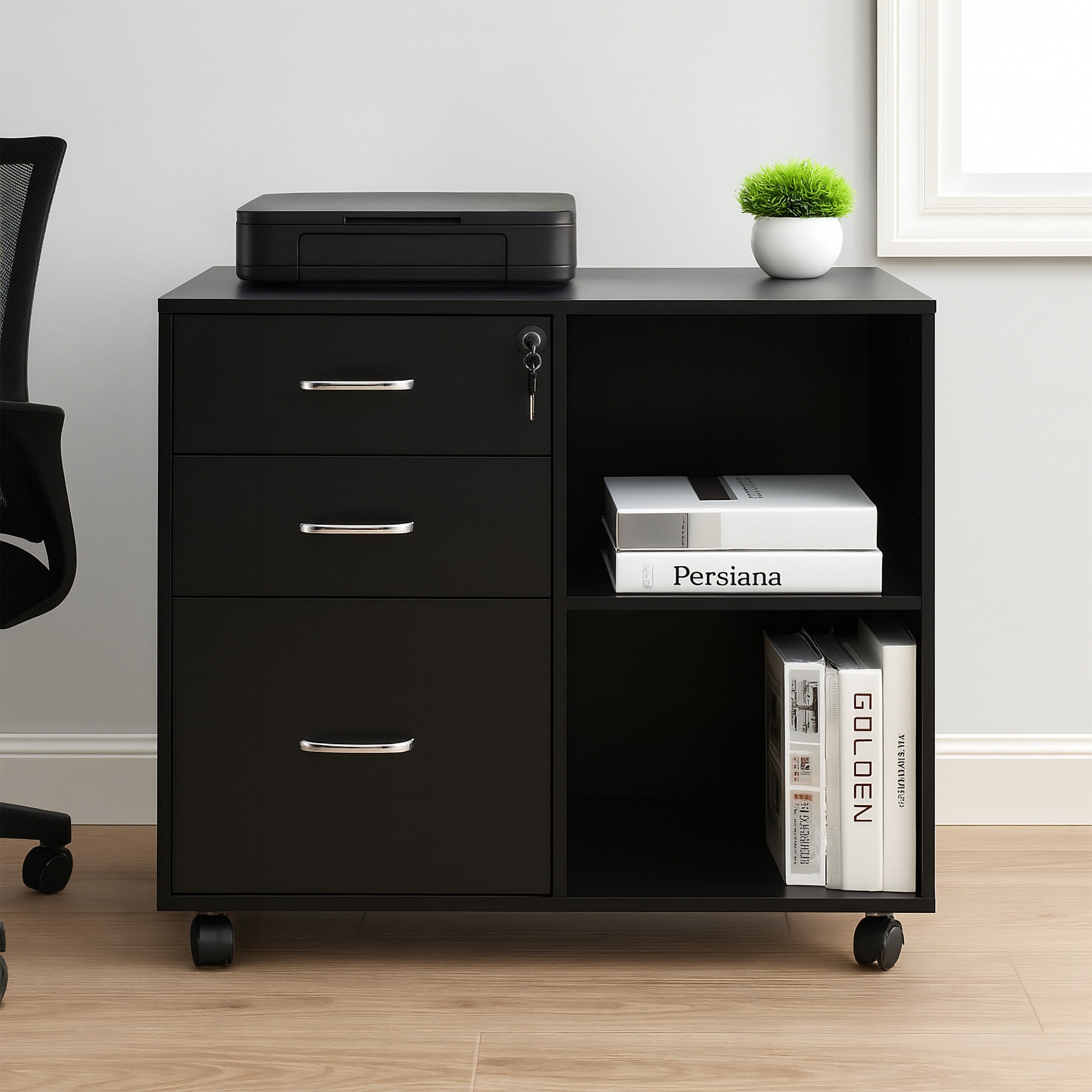 Cassettiera Mobile Con 3 Cassetti E Ruote Per Ufficio - 66x80x40 Cm, Nero, Serratura Inclusa, Perfetta Sotto La Scrivania
