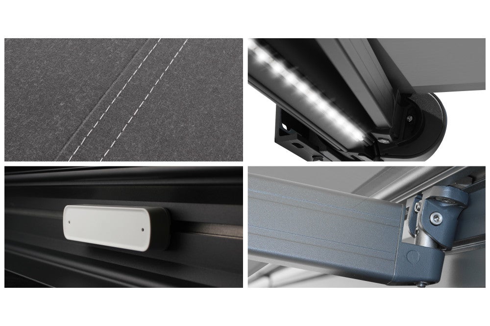 Store banne Coffre intégral PROTECT 2 LED SMART Gris Anthracite 6x3,5m Motorisé à télécommande + Capteur Vent + Eclairage LED - Toile Grise Anthracite - 5