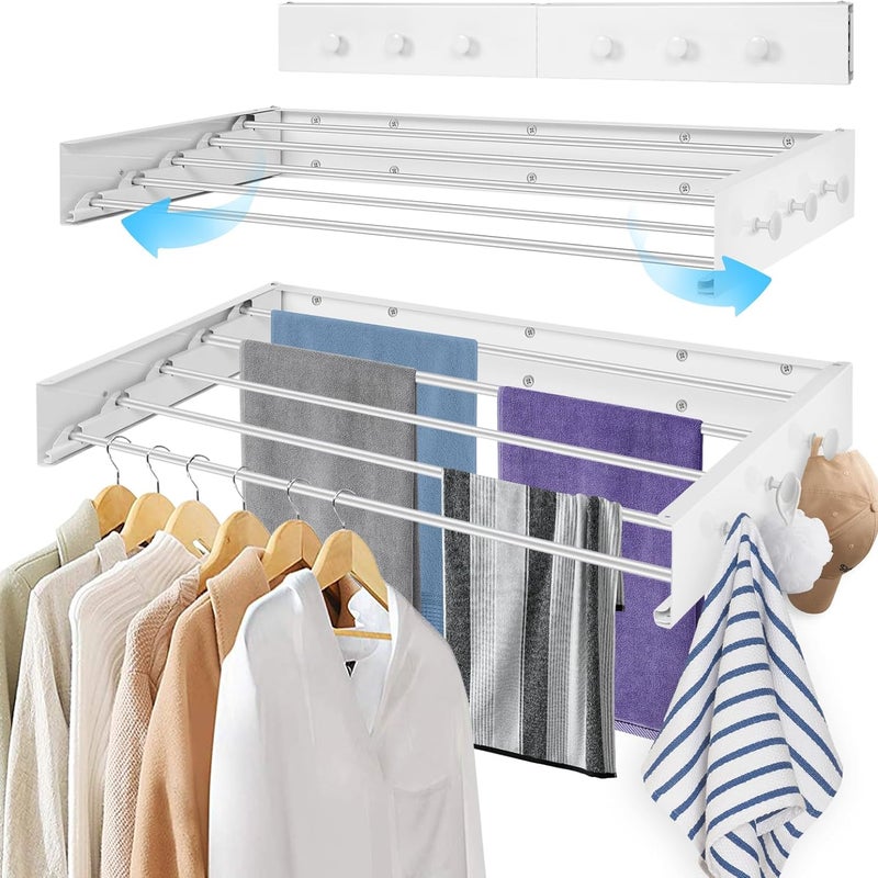 Suszarka do ubrań montowana na ścianie o długości 80 cm – rozkładana – z 6 wieszakami na ręczniki – do użytku wewnątrz i na zewnątrz – biała