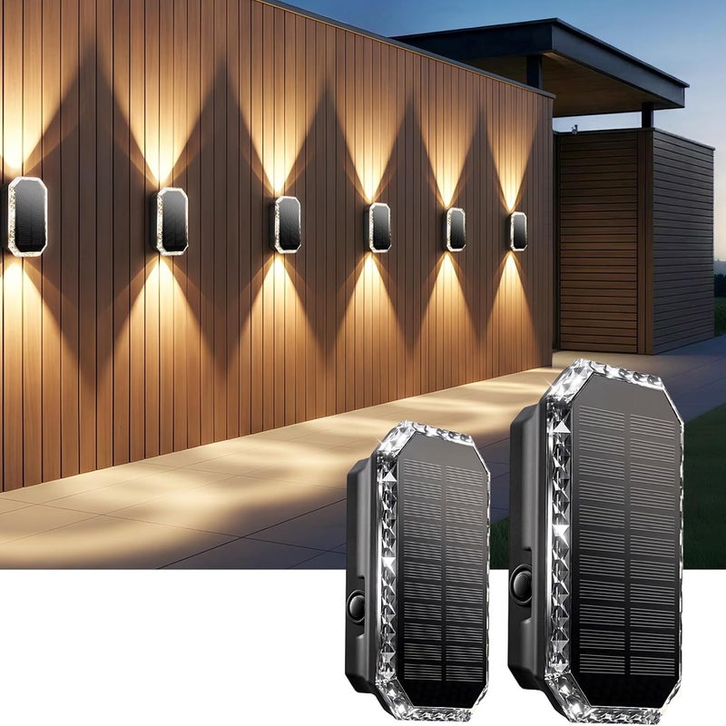 Zestaw 2 zewnętrznych lamp ściennych zasilanych energią słoneczną (góra i dół), 3 tryby świecenia