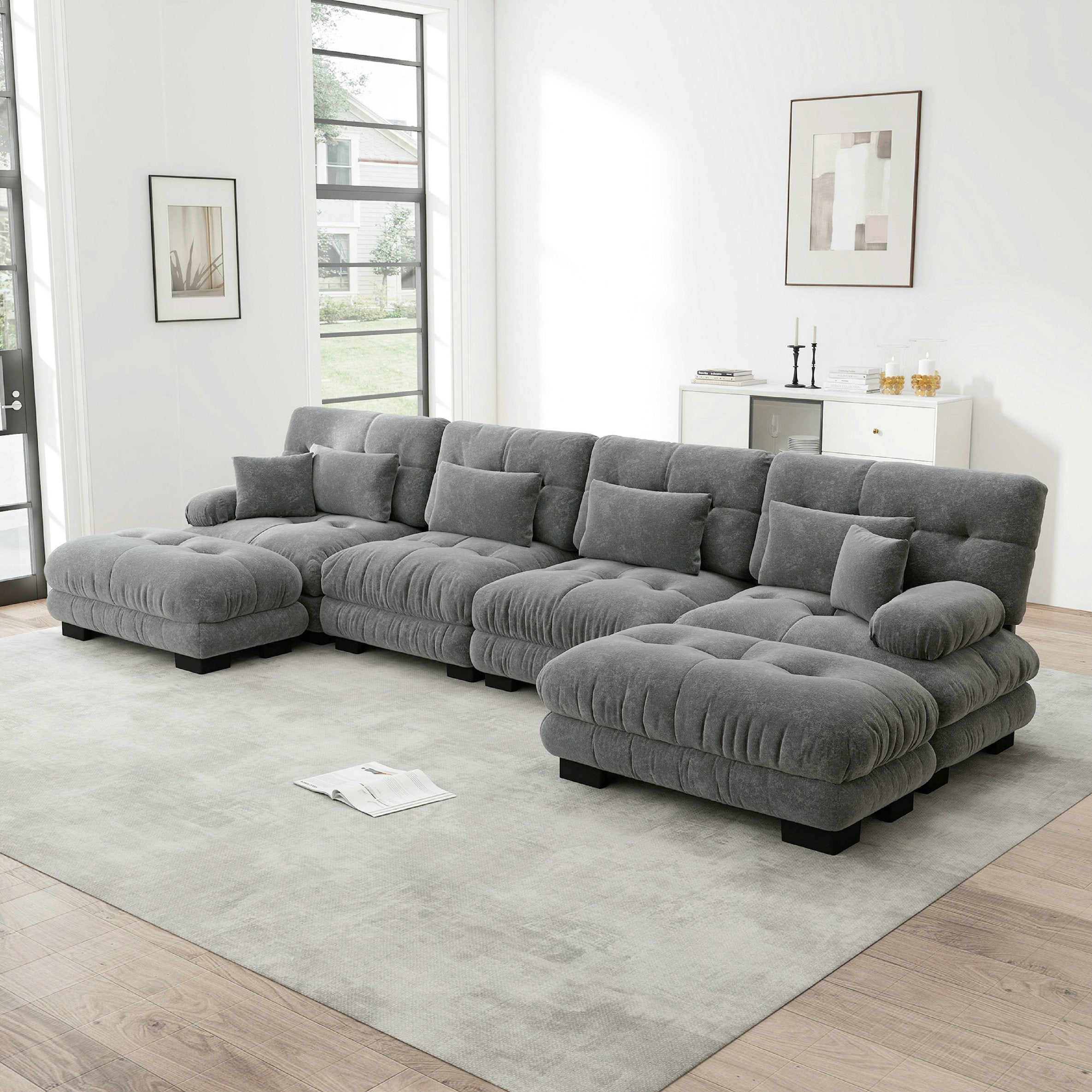 Canapé d\'angle modulable, ensemble de salon en forme de U 4 places Élégant - avec pouf amovible - chenille - gris - 3