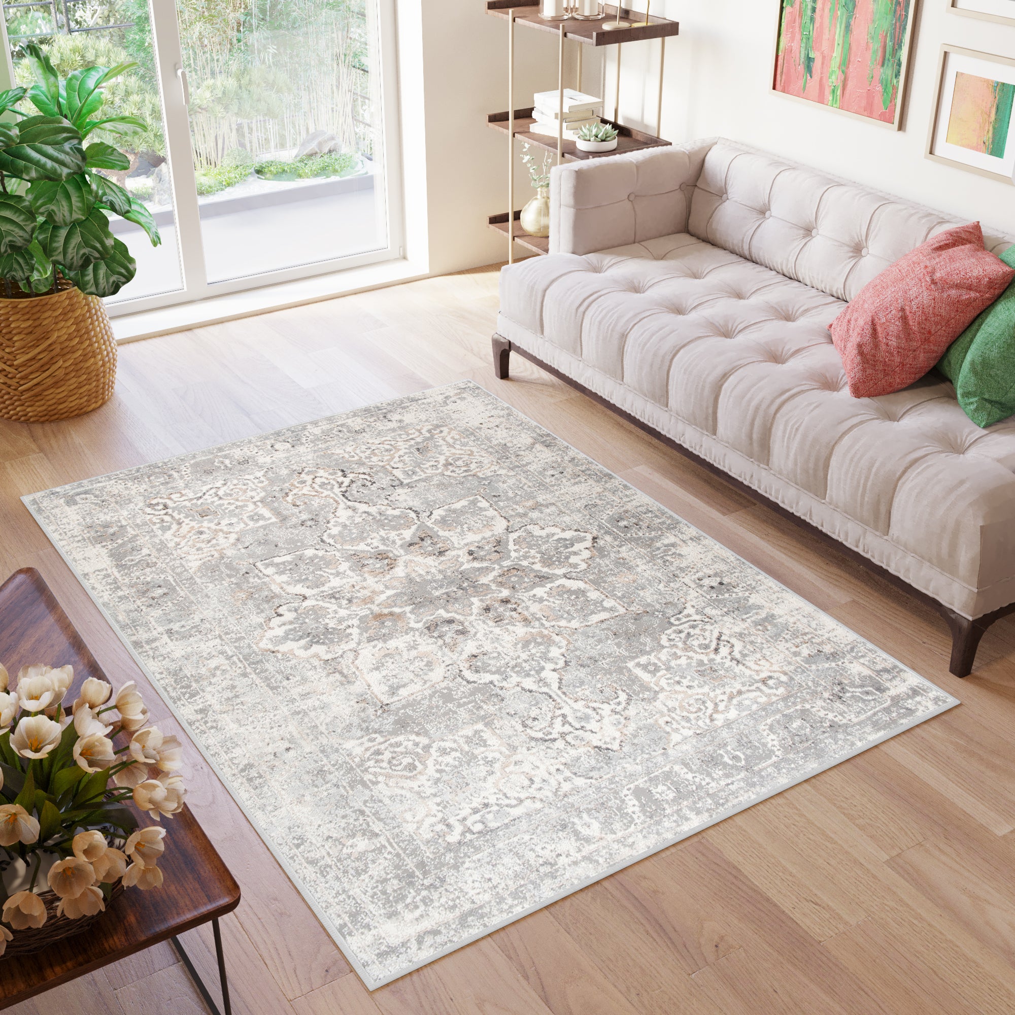 TAPISO Valley Tapis Salon Chambre Vintage Gris Clair Beige Doux 200x300 - 6
