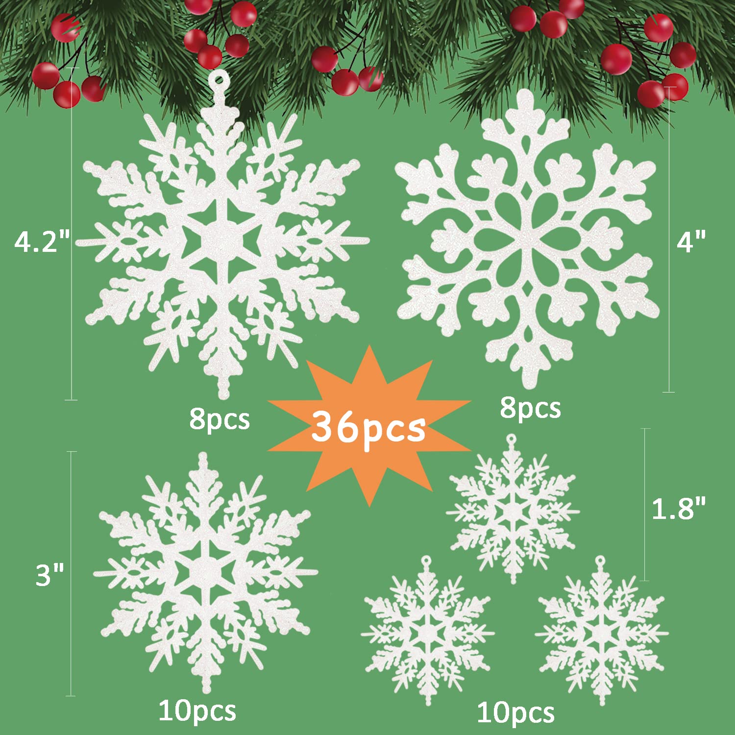 36 peças enfeites de flocos de neve brancos de natal com glitter enfeites de flocos de neve para decorações de árvores de Natal de inverno - 4