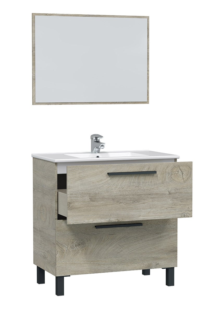 Meuble salle de bain sous vasque avec 2 Tiroirs + 1 Miroir coloris Alaska chêne - Longueur 80 x Profondeur 45 x Hauteur 86 cm - 4