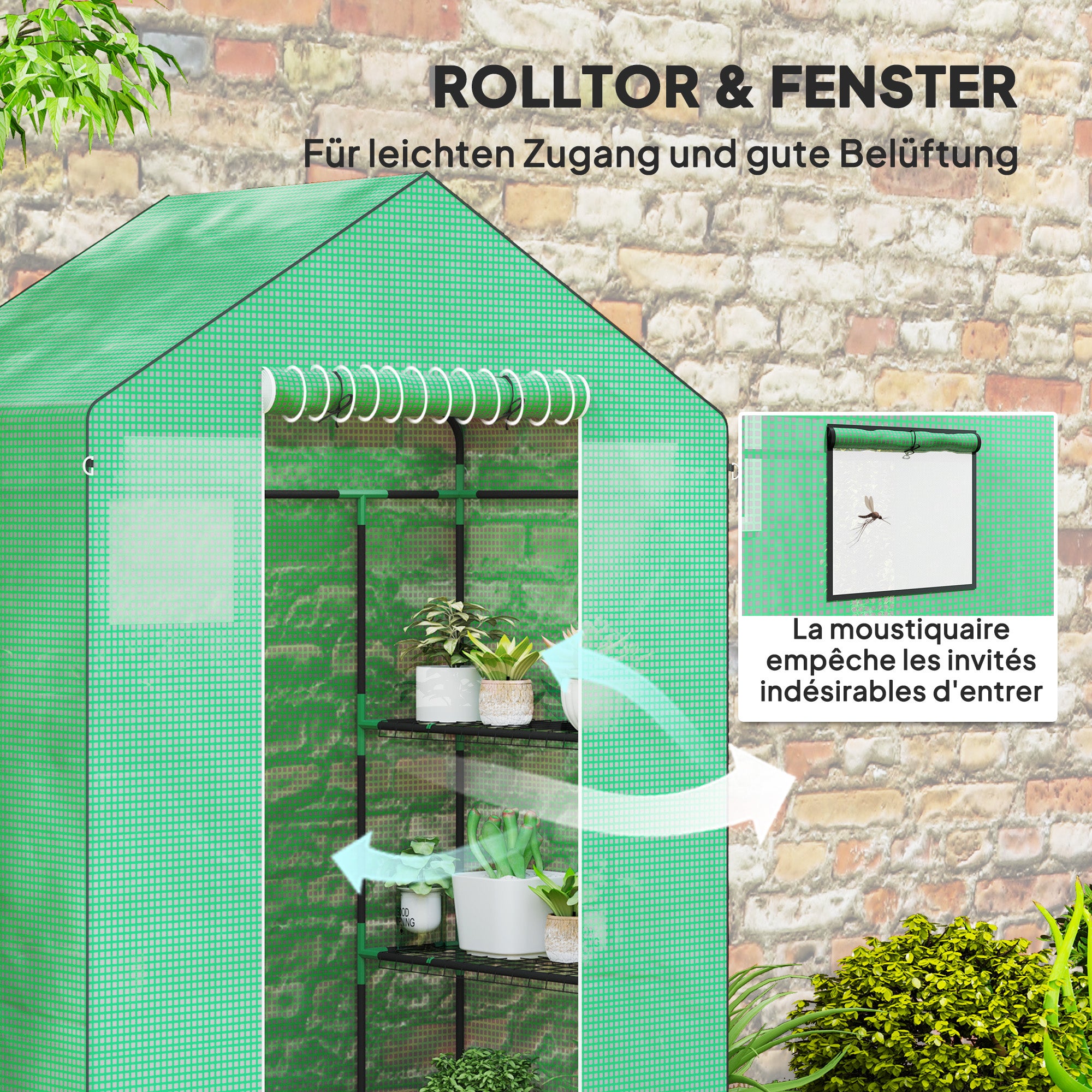 Serra con ripiani, mini serra, resistente ai raggi UV, finestre in rete, porta con cerniera, 143 cm (L) x 74 cm (P) x 190 cm (A), verde - 7