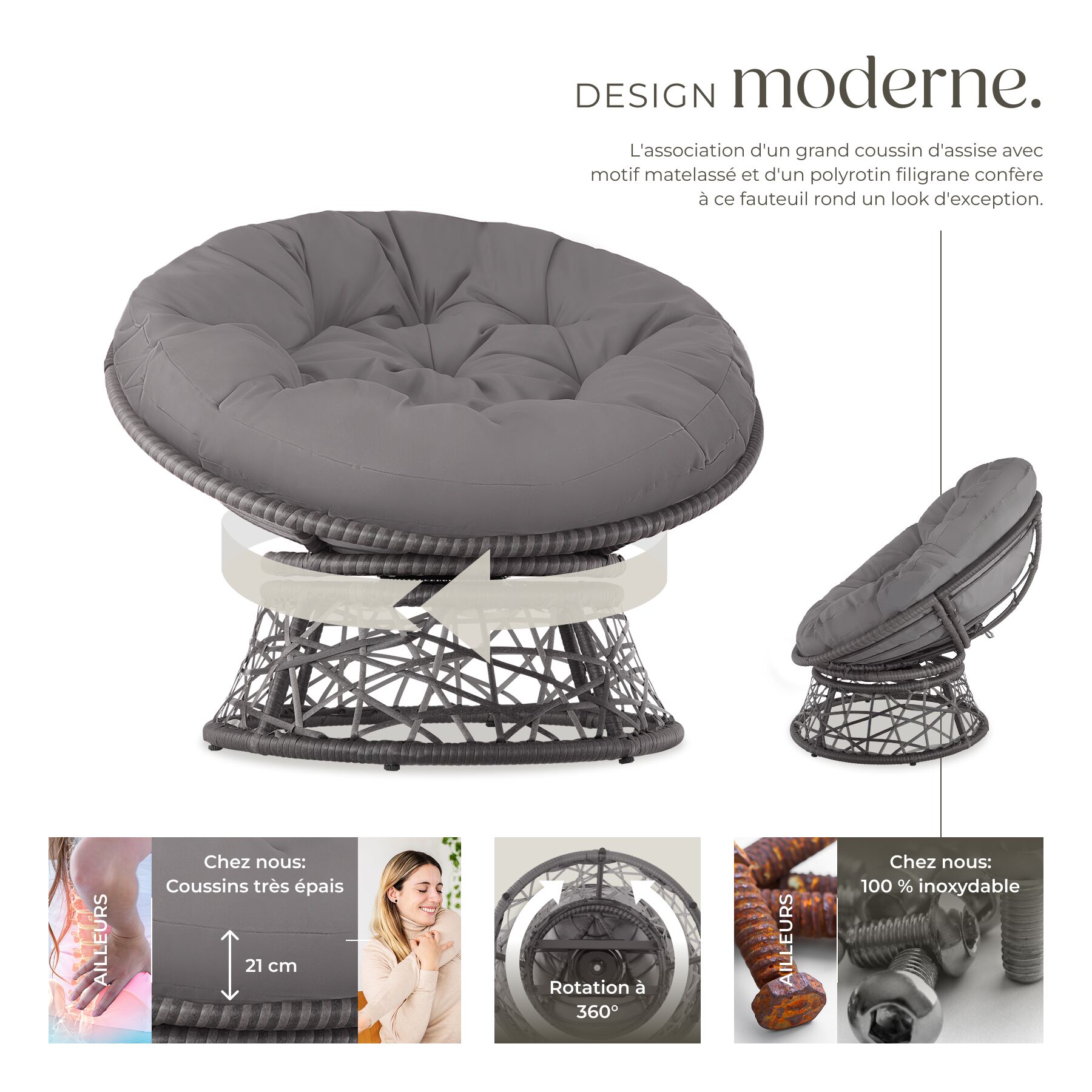 Fauteuil papasan rotin en résine tressée et acier rotatif avec coussin rond et confortable TECTAKE - 3
