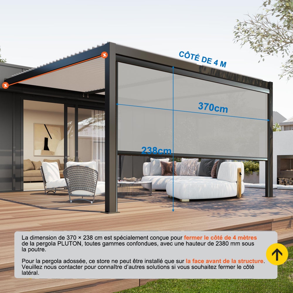 Store vertical ZIP 370 x 238 cm avec coffre intégral haute résistance au vent pour pergola ou installation seule - Anthracite - 5
