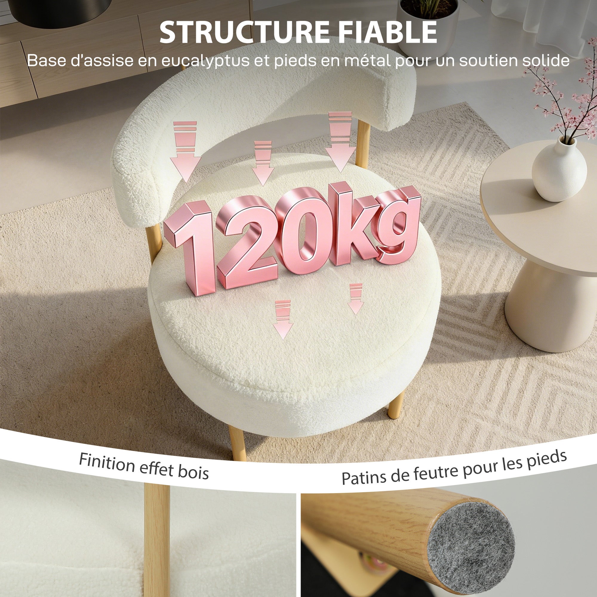 Fauteuil lounge capitonné une place bouclé crème dossier incurvé assise large 67x67x71 - 9