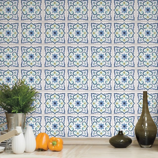 Carrelage mural faïence adhésive carreaux de ciment bleu-blanc - 4 fois 25x25cm