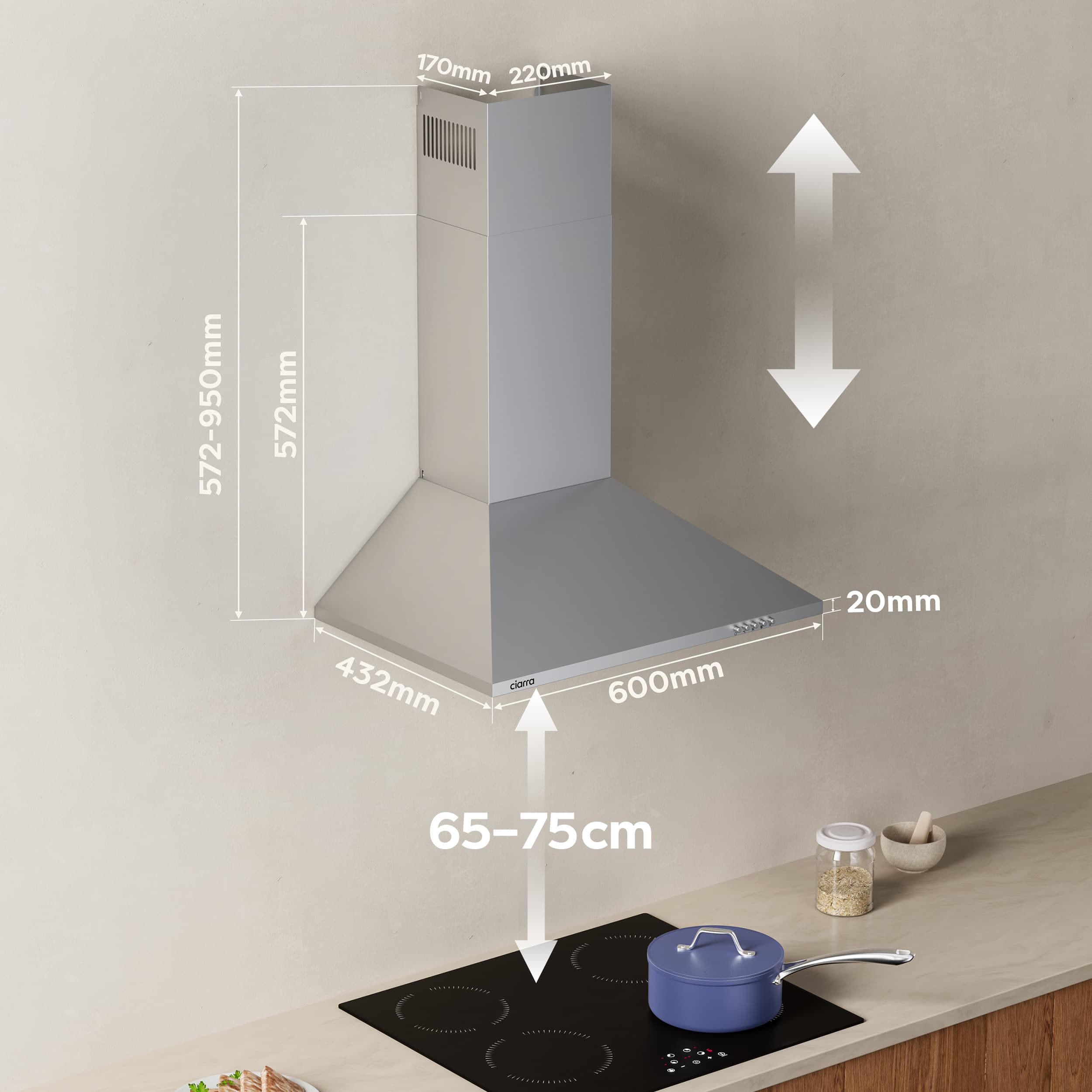 Exaustor de Parede 60cm CIARRA Classe A++ 370m3/h Recirculação Prata 201SS60 - 9