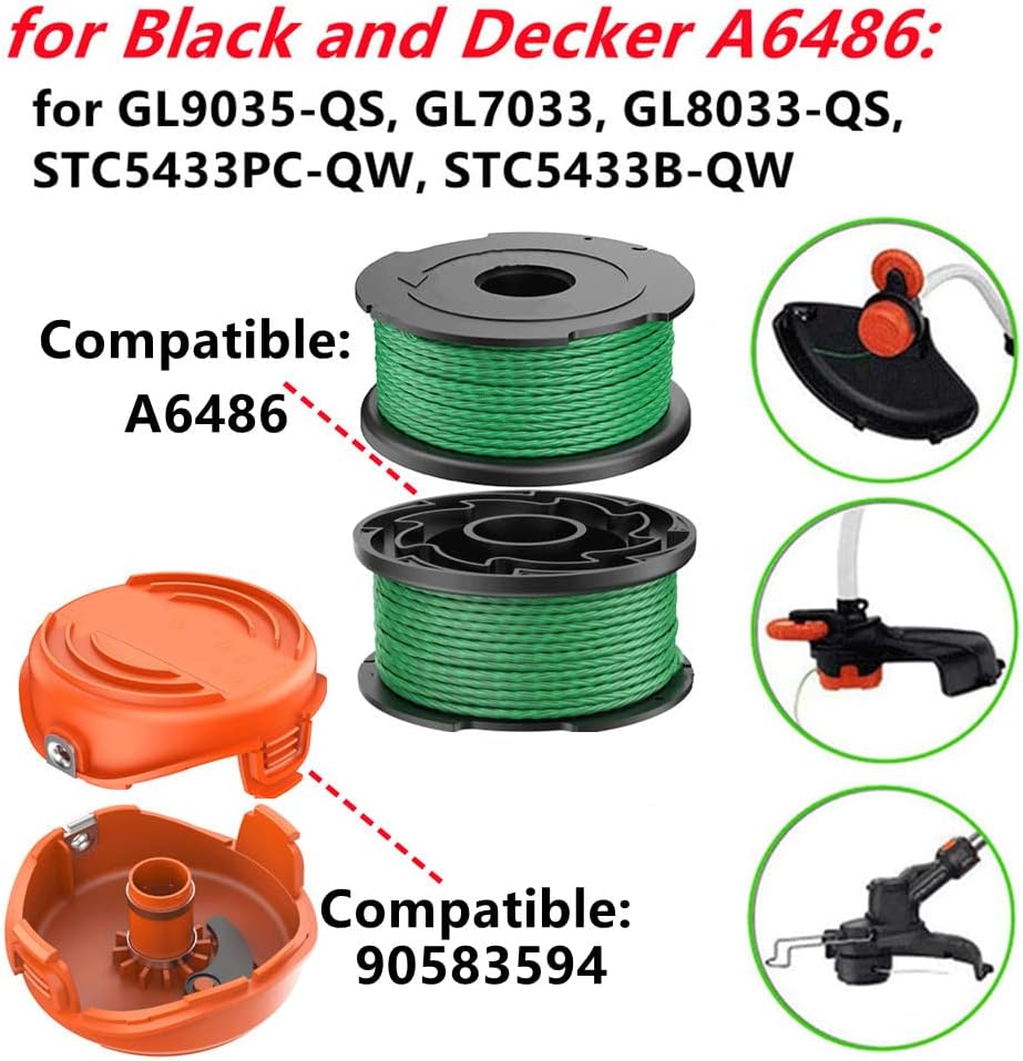 Carrete de hilo para desbrozadora inalámbrica Black and Decker GL7033 GL8033 GL9035 A6486 de 2,0 mm y 6,1 m (5+1 piezas)