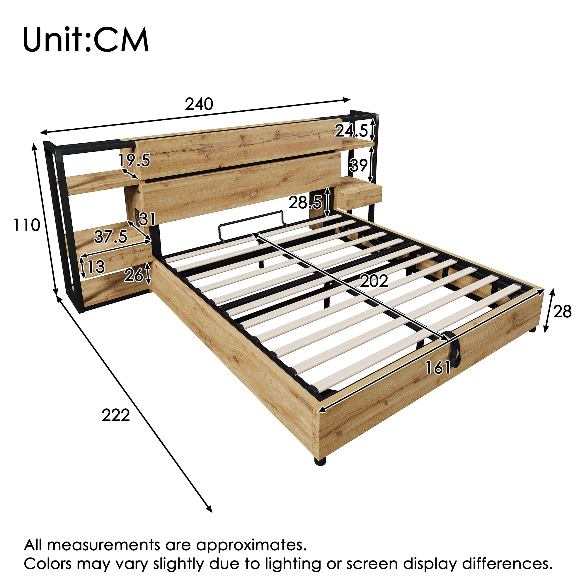 Lit 160x200 avec sommier à Lattes et hydraulique, Lit Coffre avec tiroirs et USB TypeC, Cadre de Chêne (Sans Matelas) - 6