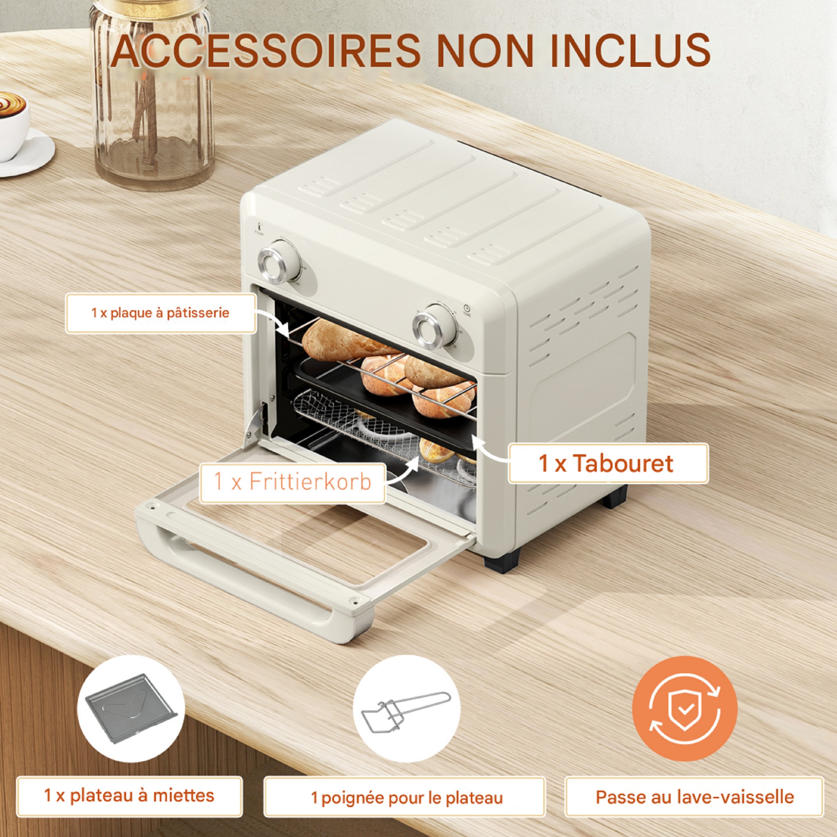 Four HOMCOM Mini à convection 10 L 2 en 1 avec grille, friteuse à air chaud 80 °C-230 °C avec écran tactile, 1000 W - 8