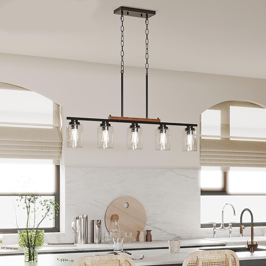 Lustre de cuisine 5 lumières avec tiges réglables, décoration rustique, suspension en métal avec abat-jour en verre, luminaires pour îlot de cuisine - 6
