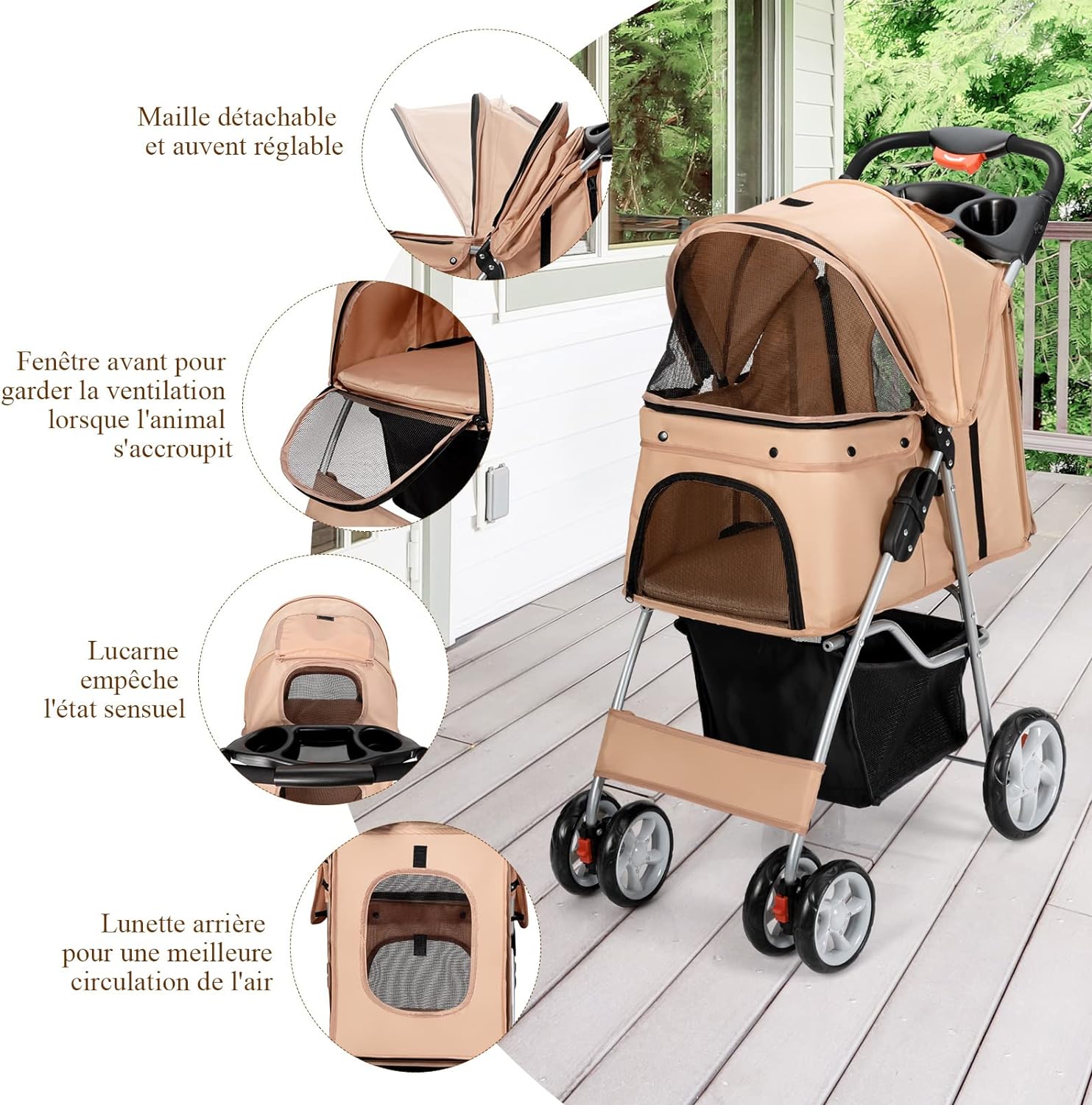 Passeggino per Cani Pieghevole, Carrozzina per Cani a 4 Ruote con Finestra a Rete Porta Bicchiere e Cesto, Passeggino Portatile per Animali Pi - 3