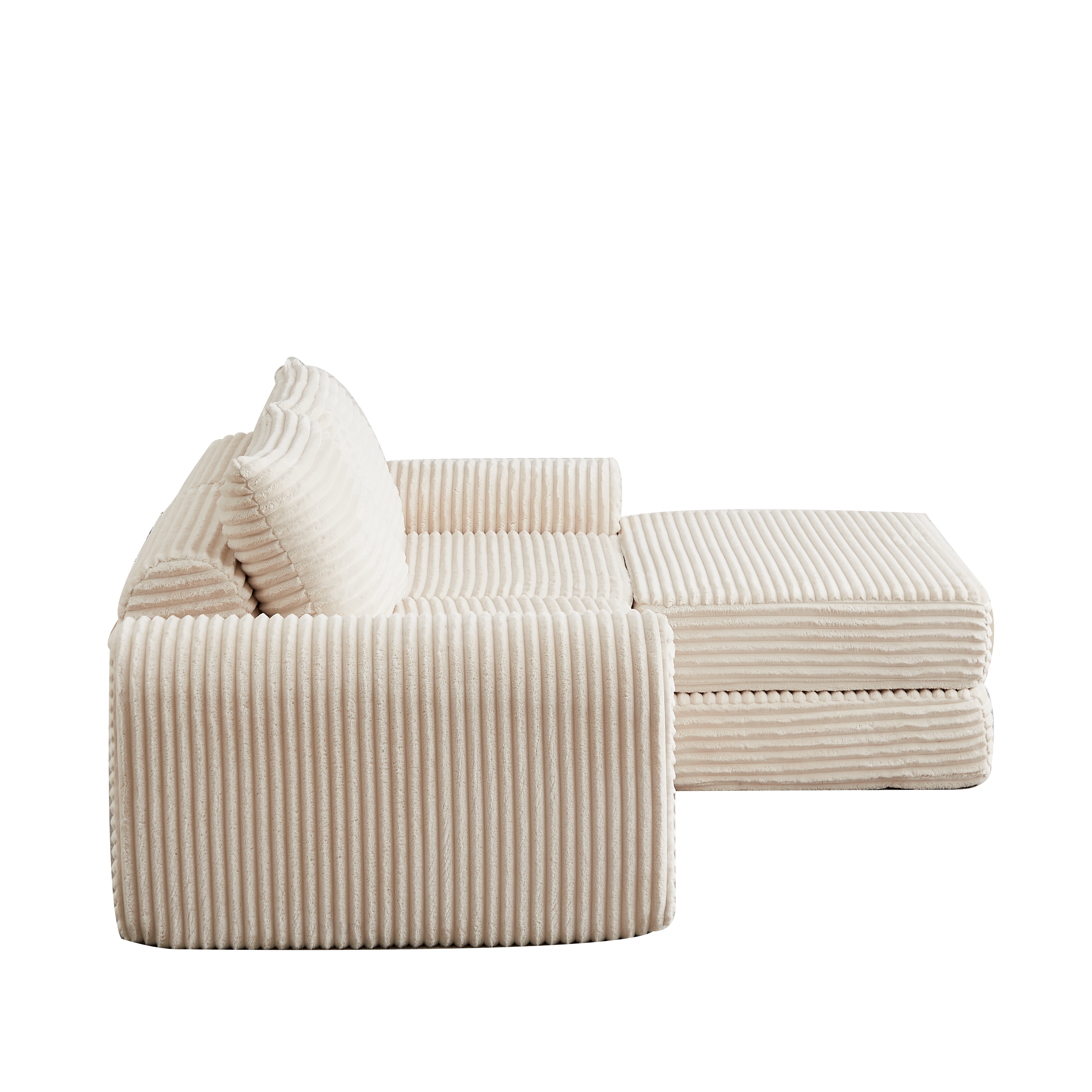 Canapé-lit velours côtelé 2-en-1, deux oreillers, accoudoirs incurvés stylés, repose-pieds amovible, modulaire flexible., Beige - 5